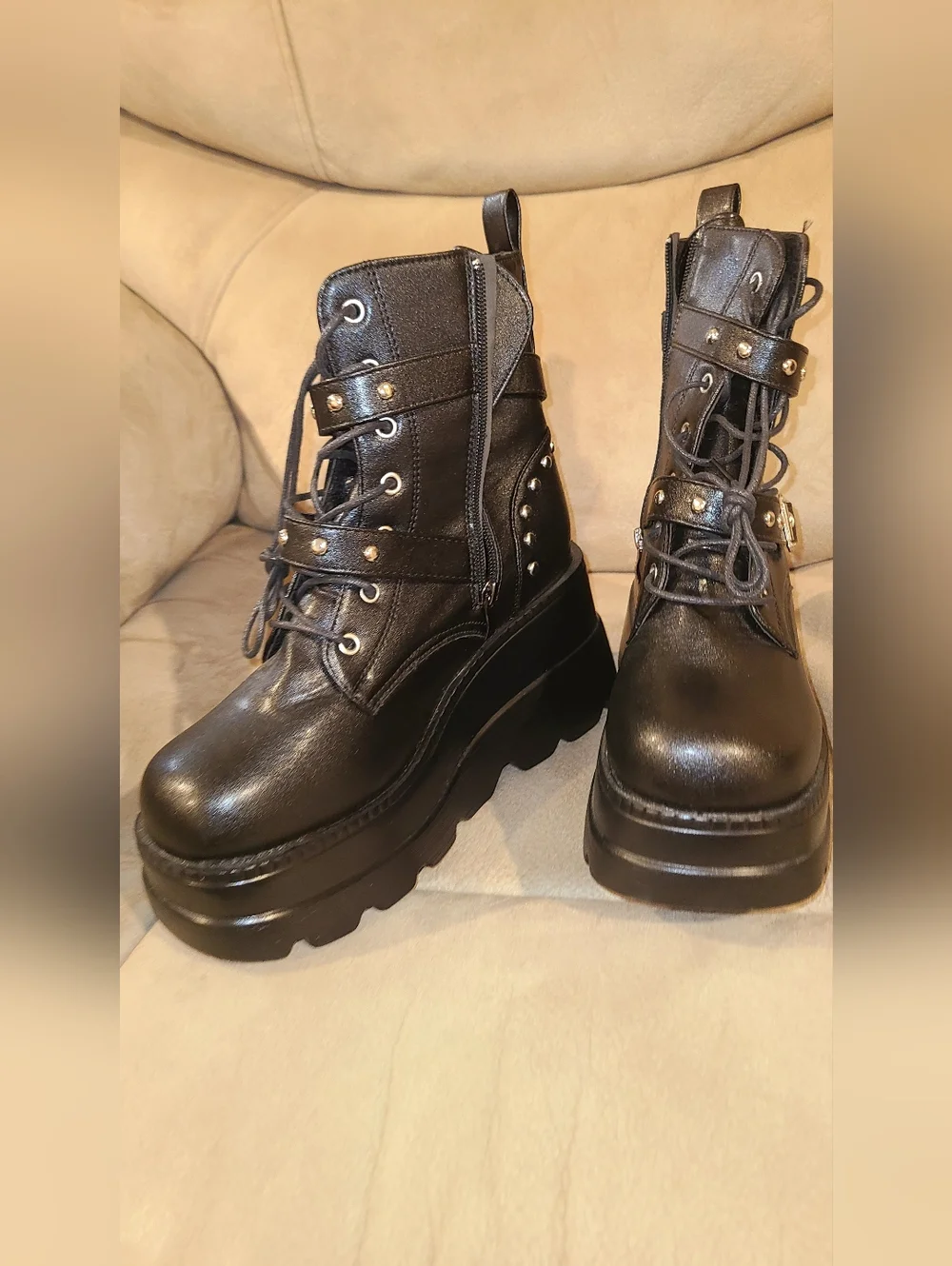 Platform Combat Boots with Stud Detail - Black - Picture 3 of 4
